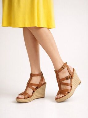 BLUE by Saks Fifth Ave Leather Wedge Ankle Buckle Platform Sandals Size 8